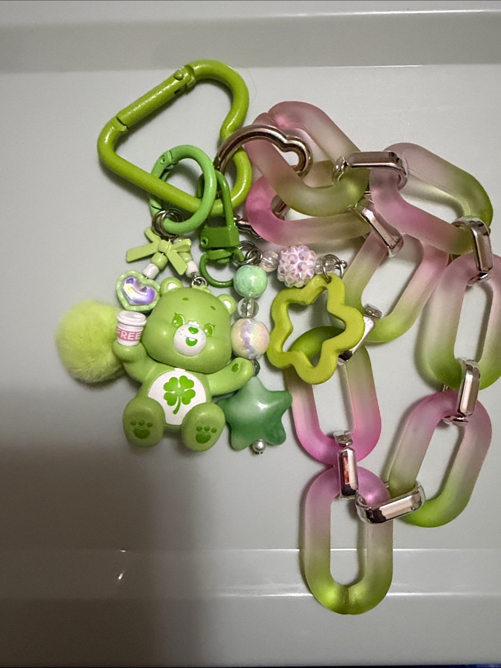 Green Care Bear Charm Keychain for Kids - Clover Design